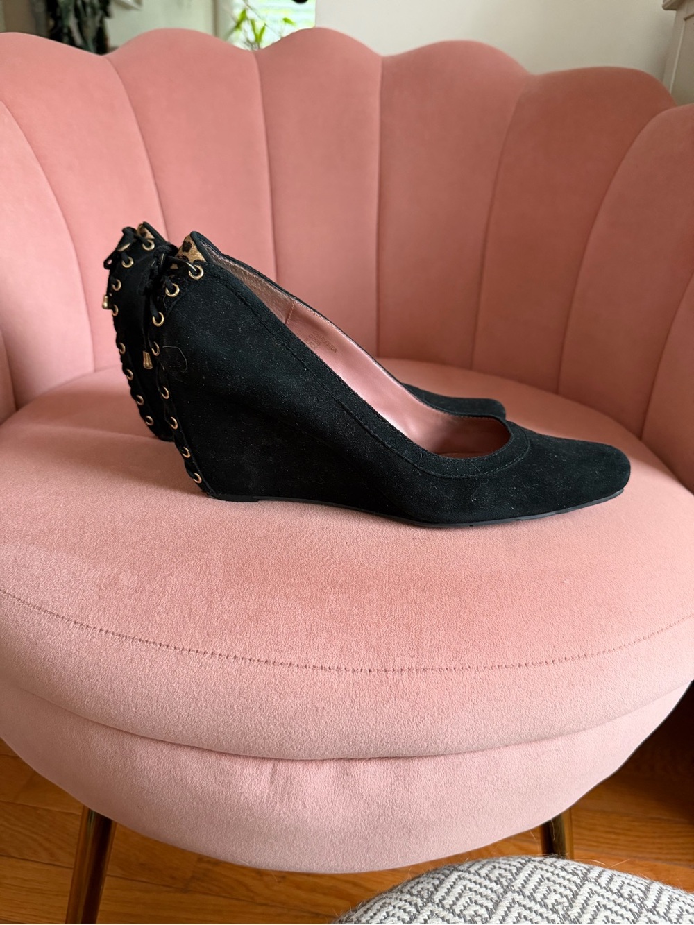 Black Suede Wedge Pumps with Lace-Up Back